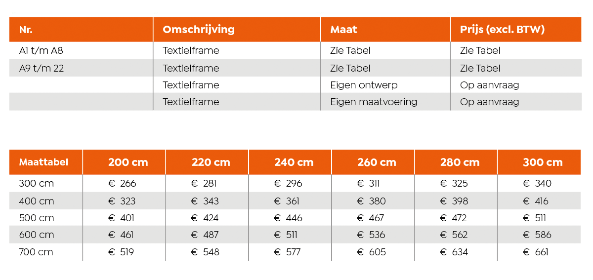 Textielframes veranda's - Prijzen textielframe 12 2024 pos verasol - H1-TF-A1
